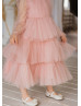 High Neck Blush Pink Tulle Flower Girl Dress